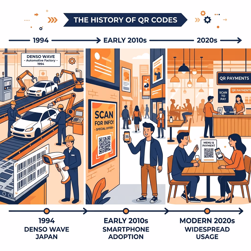 Timeline showing the history of QR codes from 1994 to today